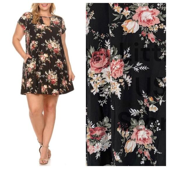 Vibe Sportswear Dress 2X Plus Size Swing Black Floral Keyhole Pockets Short Slv - Picture 1 of 8